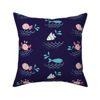 Fun fish and Crab design  for fabric and wallpaper. Navy Blue and Coral color 