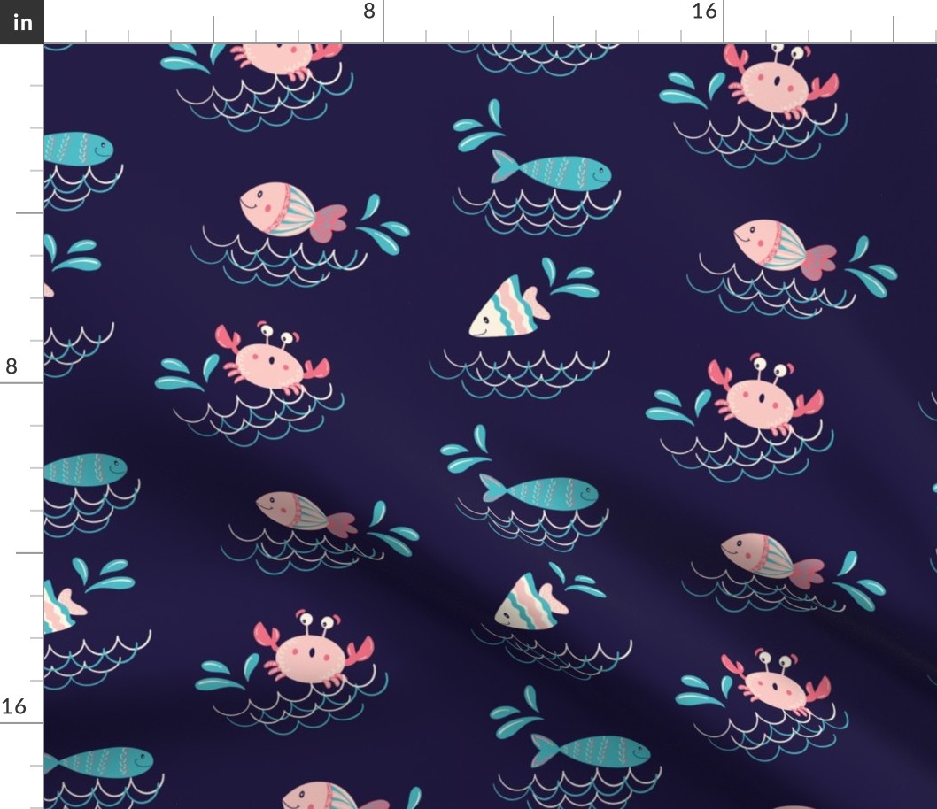 Fun fish and Crab design  for fabric and wallpaper. Navy Blue and Coral color 