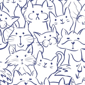 Doodle Cats Blue Outline, 24x36 in repeat scale