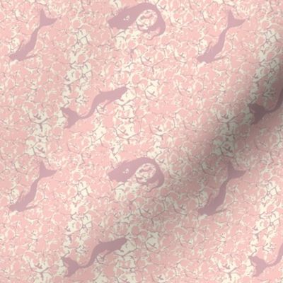 Mermaid Swimming on Coral and Rose pink for fabric or wallpaper. Mermaid Collection. Small  scale 