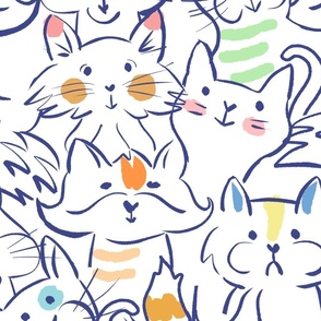 Color Pop Doodle Cats Blue Outline, 24x36 in repeat scale