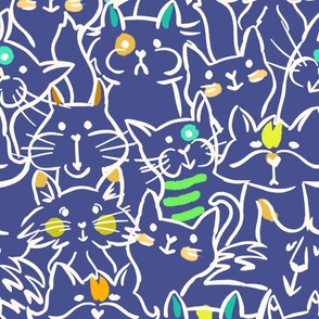 Color Pop Doodle Cats Blue Background Off White Outline, 24x36 in repeat scale