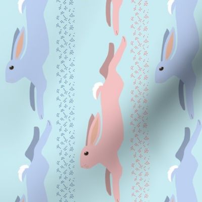Baby Blue and Baby Pink Leaping Bunny Stripe on Sky Blue for Wallpaper Border