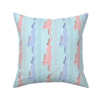 Baby Blue and Baby Pink Leaping Bunny Stripe on Sky Blue for Wallpaper Border