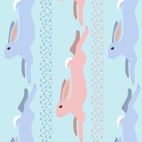 Baby Blue and Baby Pink Leaping Bunny Stripe on Sky Blue for Wallpaper Border