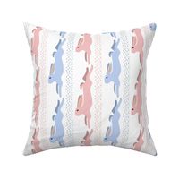 Baby Blue and Baby Pink Leaping Bunny Stripe on White for Wallpaper Border