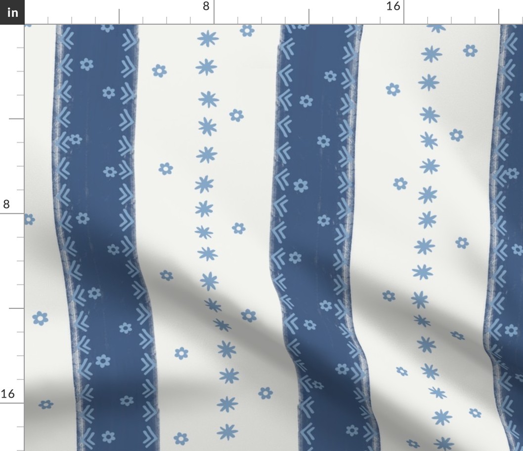 denim blue stripes with dainty blossoms on white - large scale