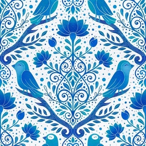 Watercolor blue whimsical garden with birds and floral motifs.
