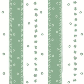Green stripes with dainty blossoms on white - large scale