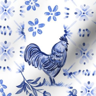 French country farm yard chicken, with french tiles & ornate florals in  monochrome blue in a rustic style.