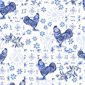 French country farm yard chicken, with french tiles & ornate florals in  monochrome blue in a rustic style.