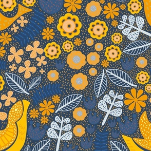 Scandinavian Yellow birds and floral on navy - large