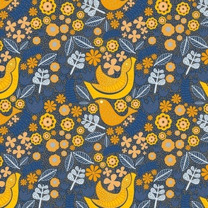 Scandinavian Yellow birds and floral on navy