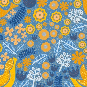 Scandinavian Yellow birds and floral  on blue - large