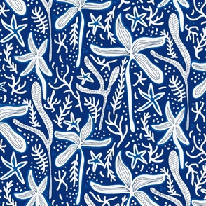 white seaside life with starfishes, shells, corals and seaweeds  on a solid deep blue background with cobalt blue details