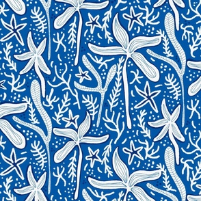 white seaside life with starfishes, shells, corals and seaweeds  on a solid cobalt blue background with deep blue details