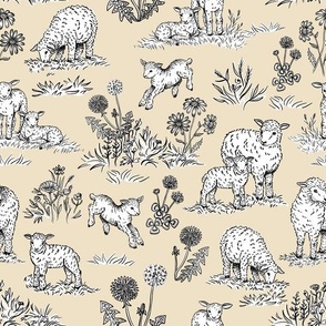 Sheep and Lambs on a Pasture Toile de Jouy  (Beige)