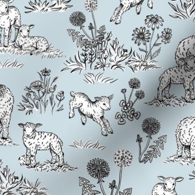 Sheep and Lambs on a Pasture Toile de Jouy (Powder Blue)