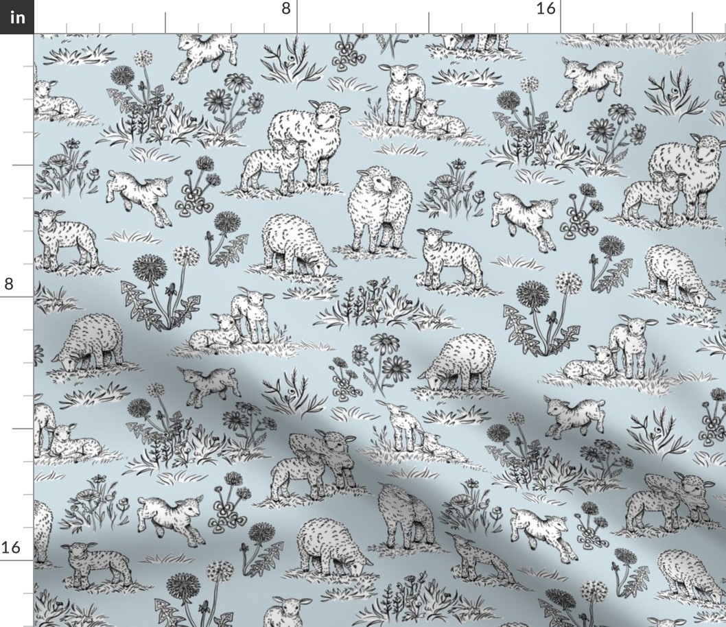 Sheep and Lambs on a Pasture Toile de Jouy (Powder Blue)