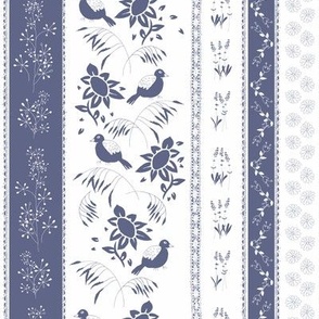 French blue flowers, grass and birds on white with lace lines