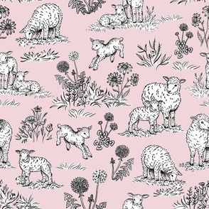 Sheep and Lambs on a Pasture Toile de Jouy (Pale Pink)