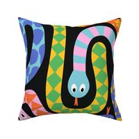 Happy Snakes V2: Rainbow colored snakes on black background, cute bright snake design for kids - Large