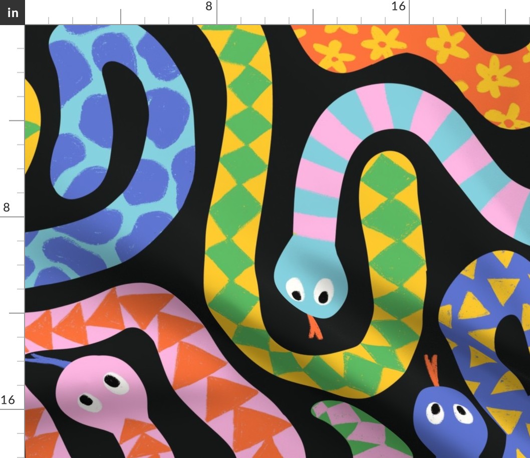 Happy Snakes V2: Rainbow colored snakes on black background, cute bright snake design for kids - Large