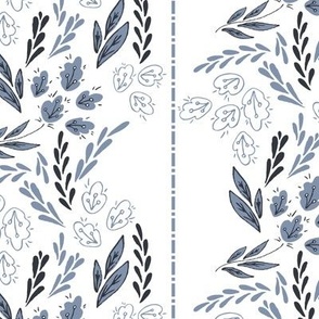 French Linen, Blue and White, Whimsical Flowers, Medium Scale