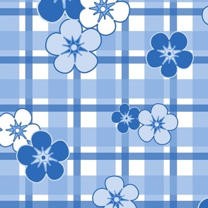 L - Blue Floral Gingham  – Vintage French Country Check