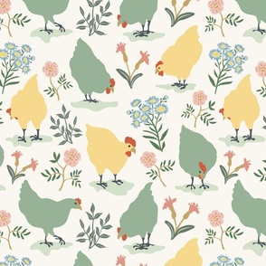 French country hens among spring wildflowers, cottage style