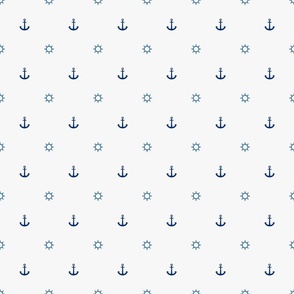 little cobalt blue ship's wheel  and deep blue anchor on a solid white background - minimal one line 
