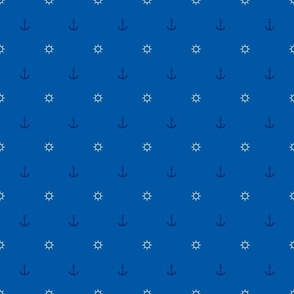 little white ship's wheel  and deep blue anchor on a solid cobalt blue background - minimal one line 
