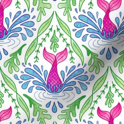 Mermaid Splash – LARGE – Multi White Watercolour Damask Diving Tails