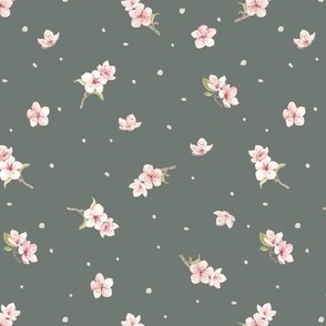 (M) watercolor cherry blossoms on muted dark green