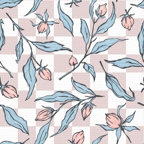 French Countryside Floral- country table linens design, cottage core landhouse contryside style hand-drawn wildflowers and foliage on checkered background in soft pastel color palette