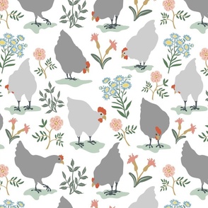 French country hens among spring wildflowers, cottage style