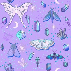 amethyst luna moths, crystals, gems and moons