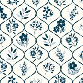 Boho Floral Art Deco French Country Table Linen (Navy Blue & Ivory)