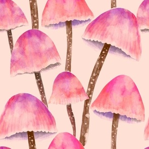 Naturalistic Rose Pink Mushrooms on Cream background