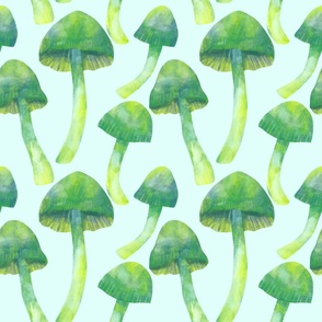 Green Watercolor Naturalist Mushrooms on a pastel blue background