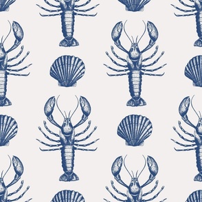 Lobster and sea shells white and blue coastal toile - medium scale