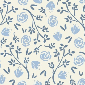 French Country Florals in Pastel Blue on off white