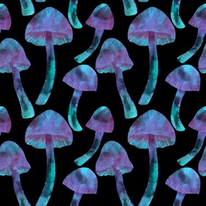 Naturalistic Neon Mushrooms, Pastel Purple and Teal on Black Background