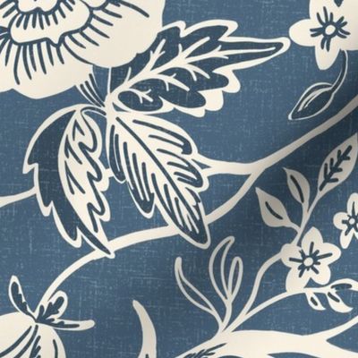 large size French Country Rooster Floral on French Blue in Ivory and Dark Denim