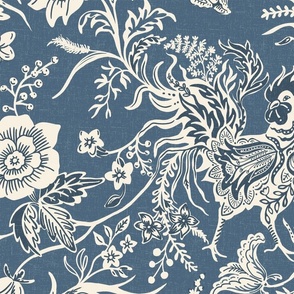 large size French Country Rooster Floral on French Blue in Ivory and Dark Denim