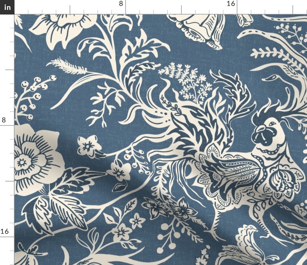 large size French Country Rooster Floral on French Blue in Ivory and Dark Denim