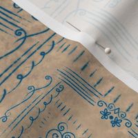 French Country Cornflower Filigree Faux Stamp, Cornflower Blue on Beige Watercolor