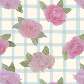 Hand painted floating watercolor roses on large checks French country table linen print