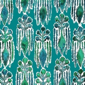 Ikat Botanical Watercolor Dark Teal 