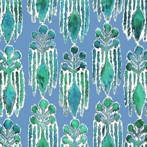 Ikat Botanical Watercolor Emerald on  Sky Blue 